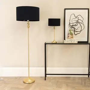 ValueLights Maggie Gold Metal Candlestick Slim Table Lamp with Black Fabric Drum Lamp Shade and LED Bulb