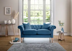 Furniturebox Olivia Blue 2-Seater Modern Chesterfield Sofa Hand Made In Anti-Crease Velvet