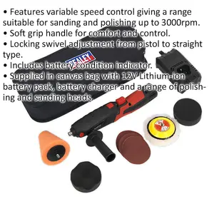 Cordless Mini Sander / Polisher Kit - Variable Speed - 12V 1.5Ah Lithium-ion