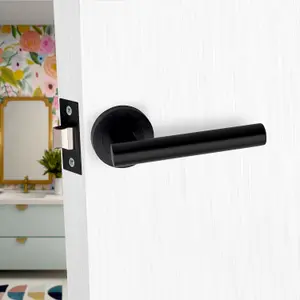 5 Set Straight T-Bar Design Door Handle On Round Rose Latch Door Handles with 2.5" Tubular Latch Matt Black Finish - GG