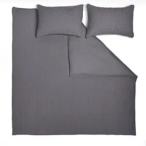 Waffle Double Duvet Cover and Pillowcases Bedding Set Dark Grey Premium Cotton