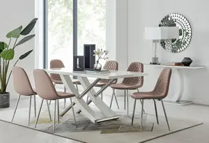 Furniturebox UK 6 Seater Dining Set - Mayfair High Gloss White Chrome Dining Table and Chairs - 6 Beige Faux Leather Corona Chairs