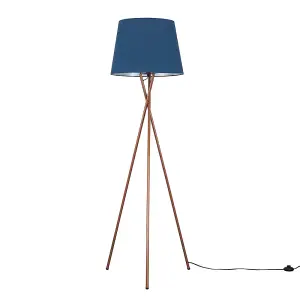 ValueLights Camden Modern Copper Metal Tripod Floor Lamp with Navy Blue Tapered Shade - Includes 6w LED Bulb 3000K Warm White