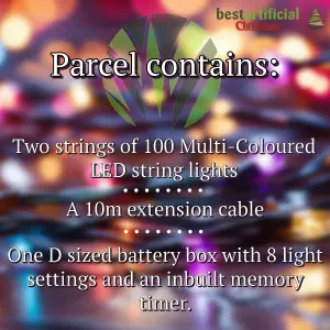 Multi-Coloured with Black Cable Connectable Outdoor Garden Party Waterproof LED String Lights (200 LED's (20m), Battery Box)