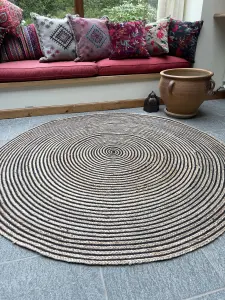 CHAKKAR DARK Stripe Round Jute Beige Black Rug / 120 cm Diameter