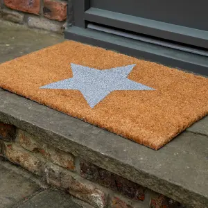 Printed Natural Coir Door Mat Silver Star Decorative Heavy Duty Entrance Mat 45cm x 75cm Indoor / Sheltered Outdoor Use