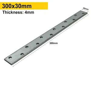 Pack of 4 - Heavy Duty 4mm Thick Galvanised Metal Flat Plate - Jointing Mending Plate - Flat Metal Bracket - Restraint Strap 300mm