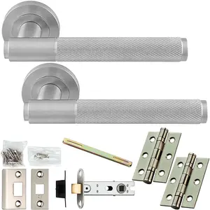 Door Handle & Latch Pack - Satin Chrome - Knurled Straight Bar Lever On Round Rose