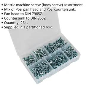 Comprehensive 264 Piece Metric Machine Screw Assortment - M5 to M8 with Countersunk & Pan Head Design