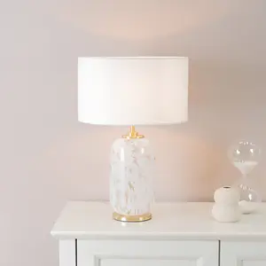 ValueLights India Gold Metal and White Confetti Glass Table Lamp with White Drum Lampshade - LED Bulb Included