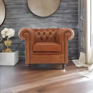 Chesterfield Handmade Low Back Club ArmChair Old English Tan Real Leather In Classic Style