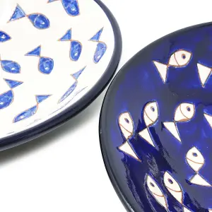 Signature Blue & White Fish Hand Painted Ceramic Set of 2 Mixed Pasta Bowls (Diam) 23cm