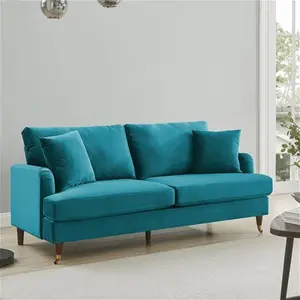 Brigette 3-Seater Teal Velvet Sofa With Antique Brass Castor Legs - Daals - Sofas