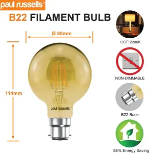 paul russells LED Filament G80 Bulb, 4W 380 Lumens, 35w Equivalent, 2200K Amber, Pack of 3