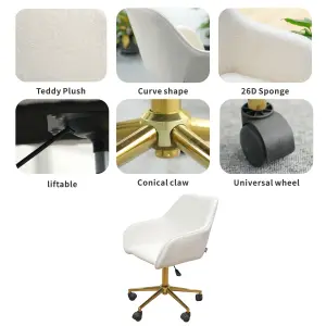 New Teddy Fabric Material Adjustable Height Swivel Home Office Chair For Indoor Office With Gold Legs,White