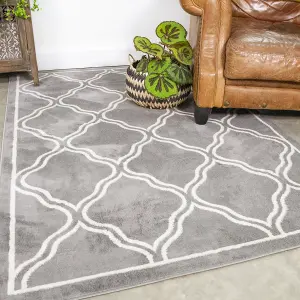 Grey Bordered Geometric Trellis Area Rug 80x150cm