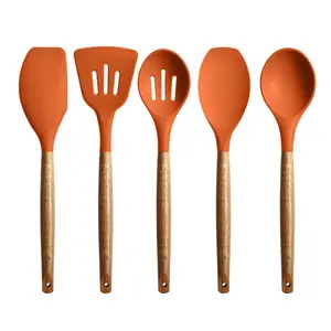 Non-Stick Cooking Utensils, Silicone Kitchen Utensils Set With Natural Acacia Hard Wood Handle, 5 Piece, Black, BPA Free, Baking & Serving Wooden Cooking Spoon Orange