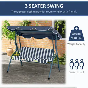 Outsunny 3-person Garden Swing Chair w/ Adjustable Canopy, Blue Stripes