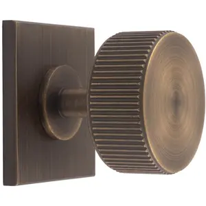 Reeded Radio Cabinet Door Knob & Matching Backplate - Antique Brass 40 x 40mm