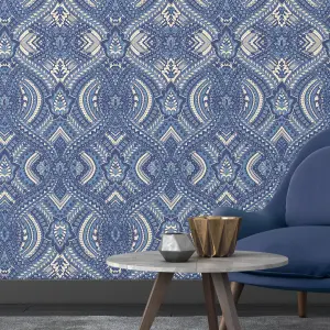 Hoopla Walls Navy Blue Ogee Damask Smooth Matt Wallpaper