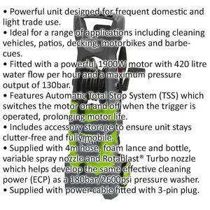 Pressure Washer with Total Stop System & Accessory Kit - 130bar - 1900W Motor