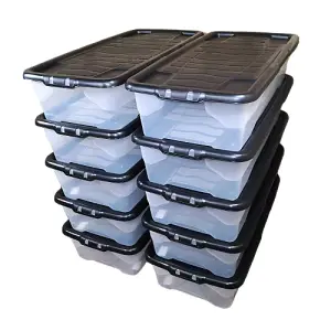 10 x 42L Clear Under Bed Storage Box with Black Lid, Stackable and Nestable Design Storage Solution