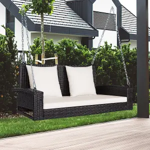 Costway 2-Seat Patio Rattan Porch Swing Loveseat Outdoor Hanging Swing Bench W/ Cushions