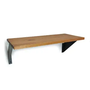 Solid Pine Rustical Shelf Medium Oak with Black FLAT Bracket 25x60cm