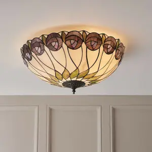 Tiffany Glass Semi Flush Ceiling Light Rose & Cream Inverted Round Shade i00048