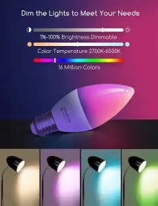 Aigostar Smart Bulb E27 Dimmable RGB+CCT(2700-6500K)LED Bulb, Compatible with Alexa&Google Home C37 Pack of 6