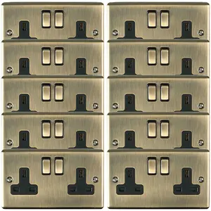 10 PACK 2 Gang Double UK Plug Socket ANTIQUE BRASS 13A Switched Power Outlet