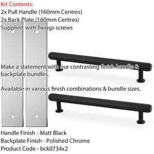 2 PACK - Pull Handle & Contrasting Backplate Set - Industrial Hex T Bar - Matt Black & Chrome