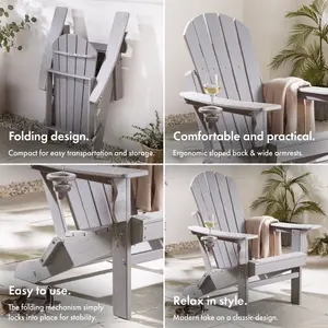 VonHaus Set of 2 Grey Folding Adirondack Chairs, Foldable Fire Pit Chairs for Garden, Waterproof HDPE Slatted