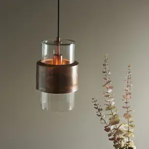 Luminosa Palermo Pendant Ceiling Light Copper Patina Plate & Clear Glass