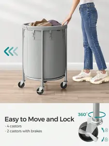 SONGMICS Laundry Basket On Wheels, Laundry Trolley 110L, Round Laundry Hamper With Steel Frame And Removable Bag, Grey And Silver