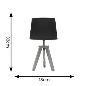 ValueLights Jackson Pair of Grey Wood Tripod Table Lamps with Black Shades and LED Bulbs