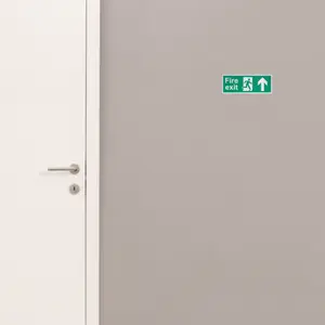 EAI - Fire Exit Sign Arrow Man Up 400x150mm Self Adh Semi Rigid PVC