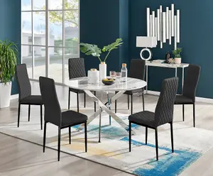 Furniturebox UK Novara White Marble 120cm Round Dining Table & 6 Black Velvet Milan Black Leg Chairs