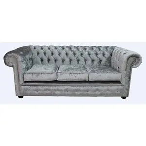 Chesterfield Handmade 3 Seater Sofa Settee Shimmer Silver Grey Velvet Fabric In Classic Style