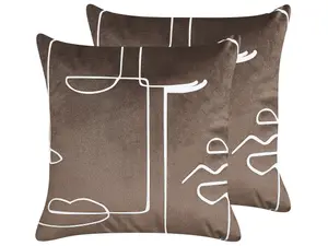 Set of 2 Cushions PHILODENDRON Velvet 45 x 45 cm Abstract Brown