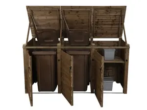 Wooden Wheelie Bin Store (Triple, Rustic Brown, With Recycling Shelf)