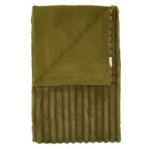 Catherine Lansfield Cosy Ribbed Faux Fur Blanket Throw Olive Green