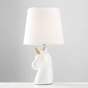 ValueLights Pair of White and Gold Ceramic Unicorn Table Lamps With White Light Shade LED Golfball Bulbs 3000K Warm White