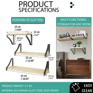 Floating Shelf Wall Mounted 3 Wood Shelves With Metal Brackets