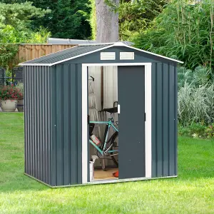 Costway 7 x 4 FT Galvanized Metal Garden Shed with Foundation Tool Storage House w/ Sliding Door