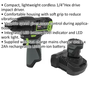 10.8V Cordless Impact Driver Kit - 1/4" Hex Drive - With 2Ah Battery & Charger