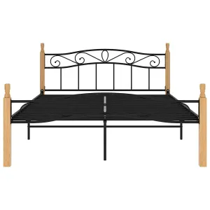 Berkfield Bed Frame Black Metal and Solid Oak Wood 140x200 cm