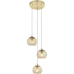 Satin Brass 3 Light Ceiling Pendant Fitting & Campagne Dimpled Glass Shades