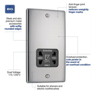 BG Nexus Shaver Socket Dual Voltage 115-230V Brushed Steel - NBS20B