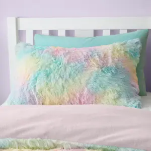 Catherine Lansfield Rainbow Cuddly Deep Pile Faux Fur King Duvet Cover Set with Pillowcases Pastel